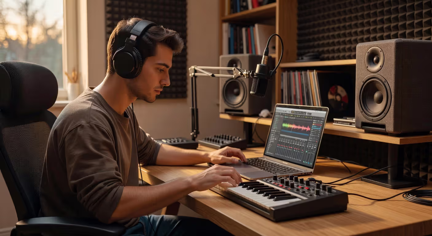 Independent musician producing music in home studio