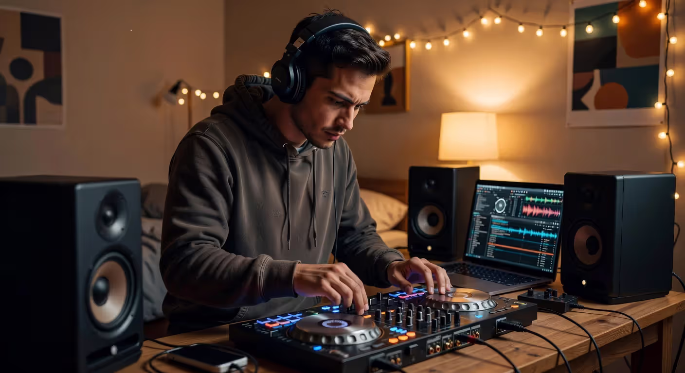 Beginner DJ practicing at home studio setup