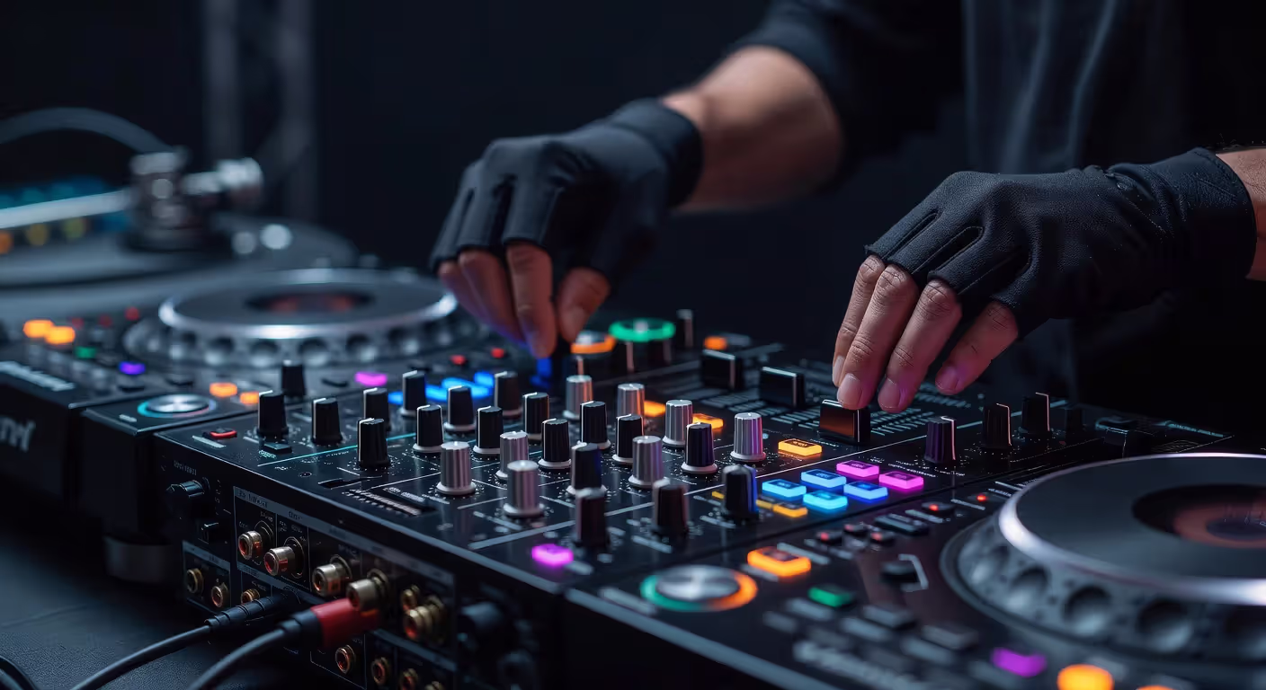 DJ hands adjusting EQ controls on mixer