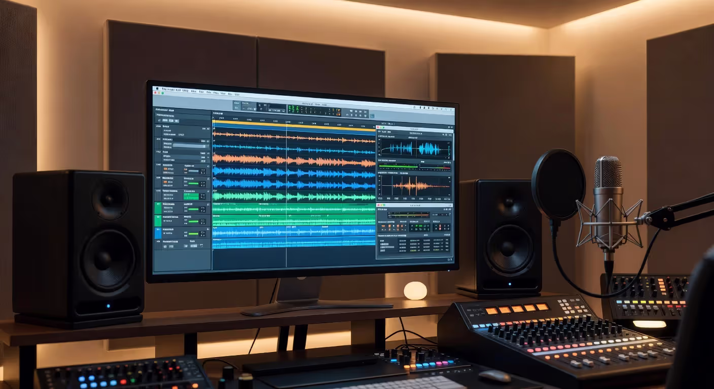 Music production workspace with mastering software and audio equipment
