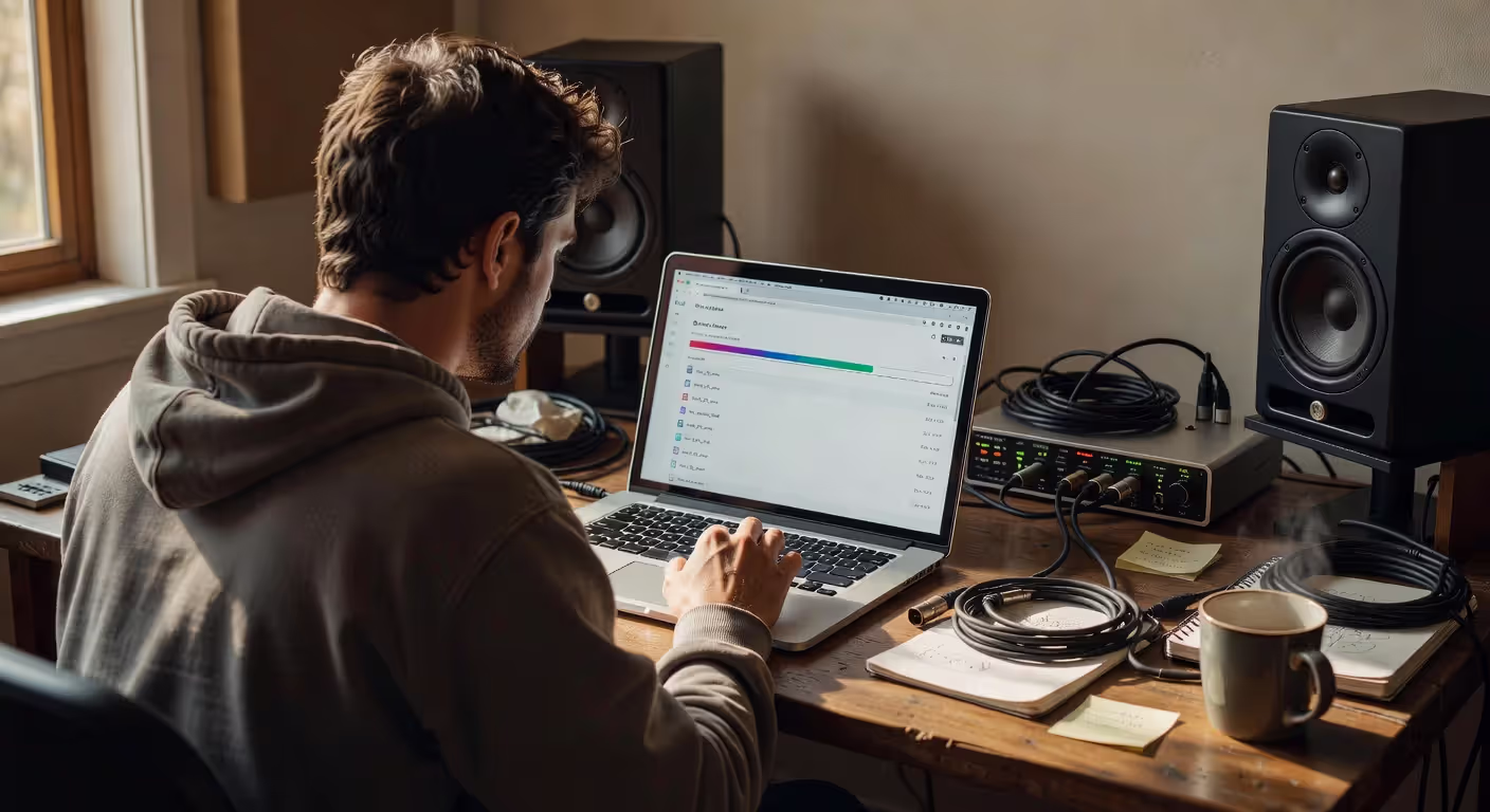 Artist uploading music directly to streaming platform from home studio
