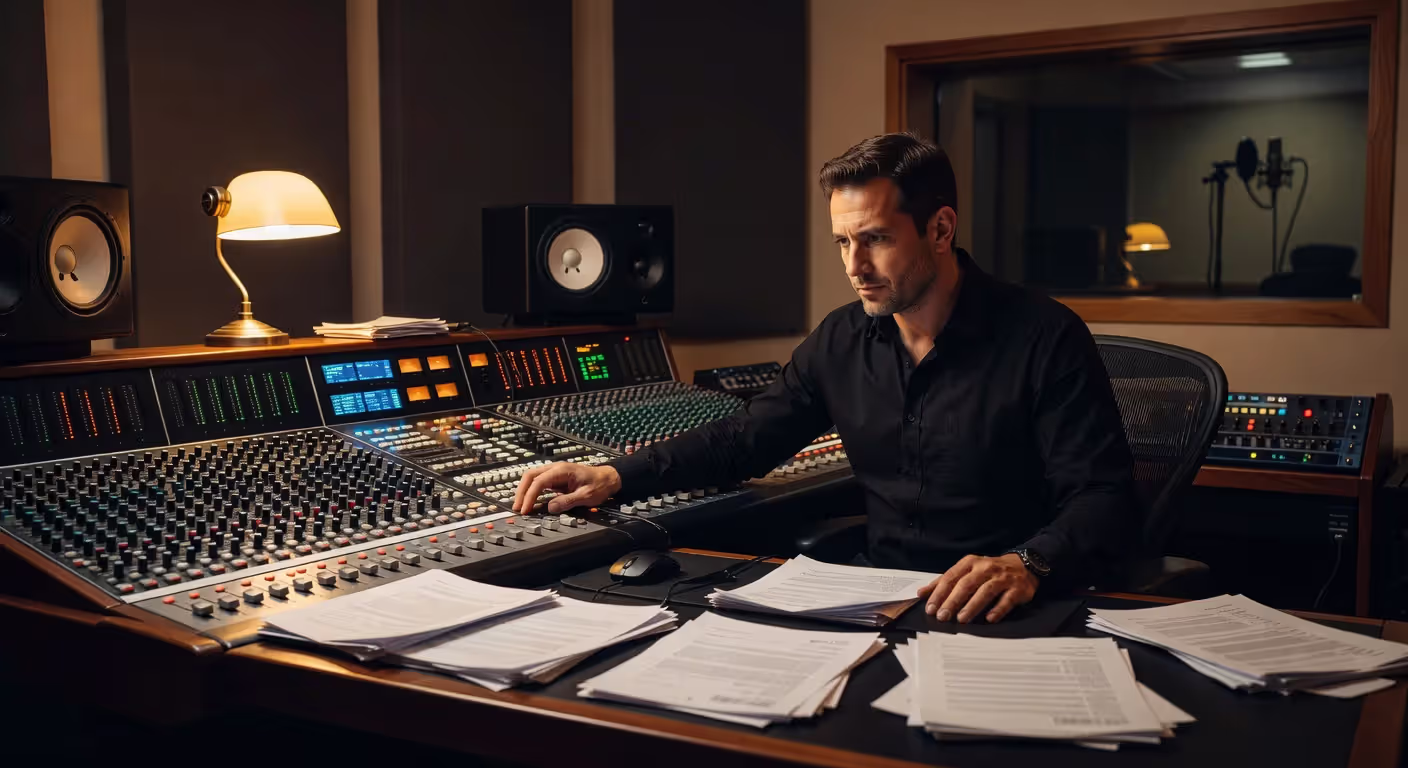 Music producer reviewing payment contracts in recording studio