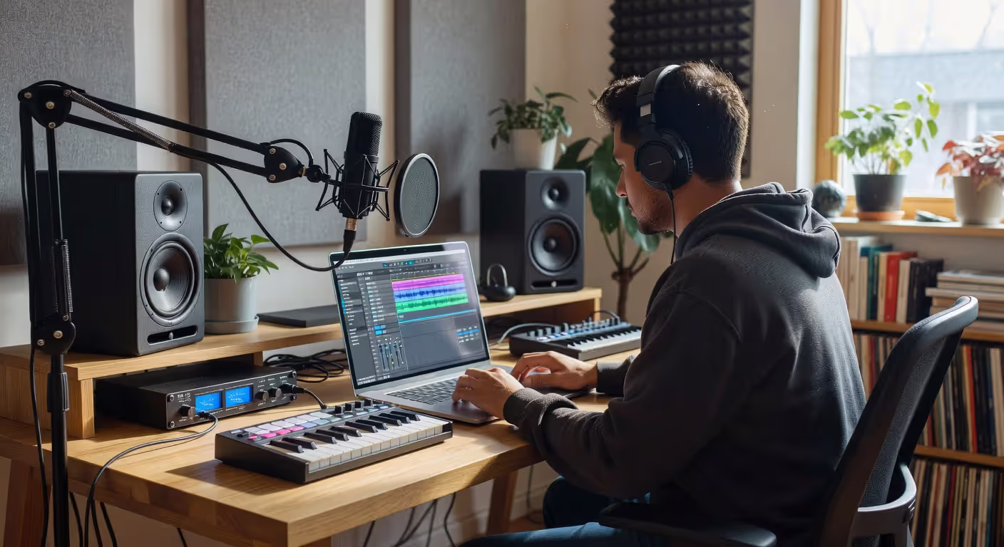 Musician creating digital press kit in home studio