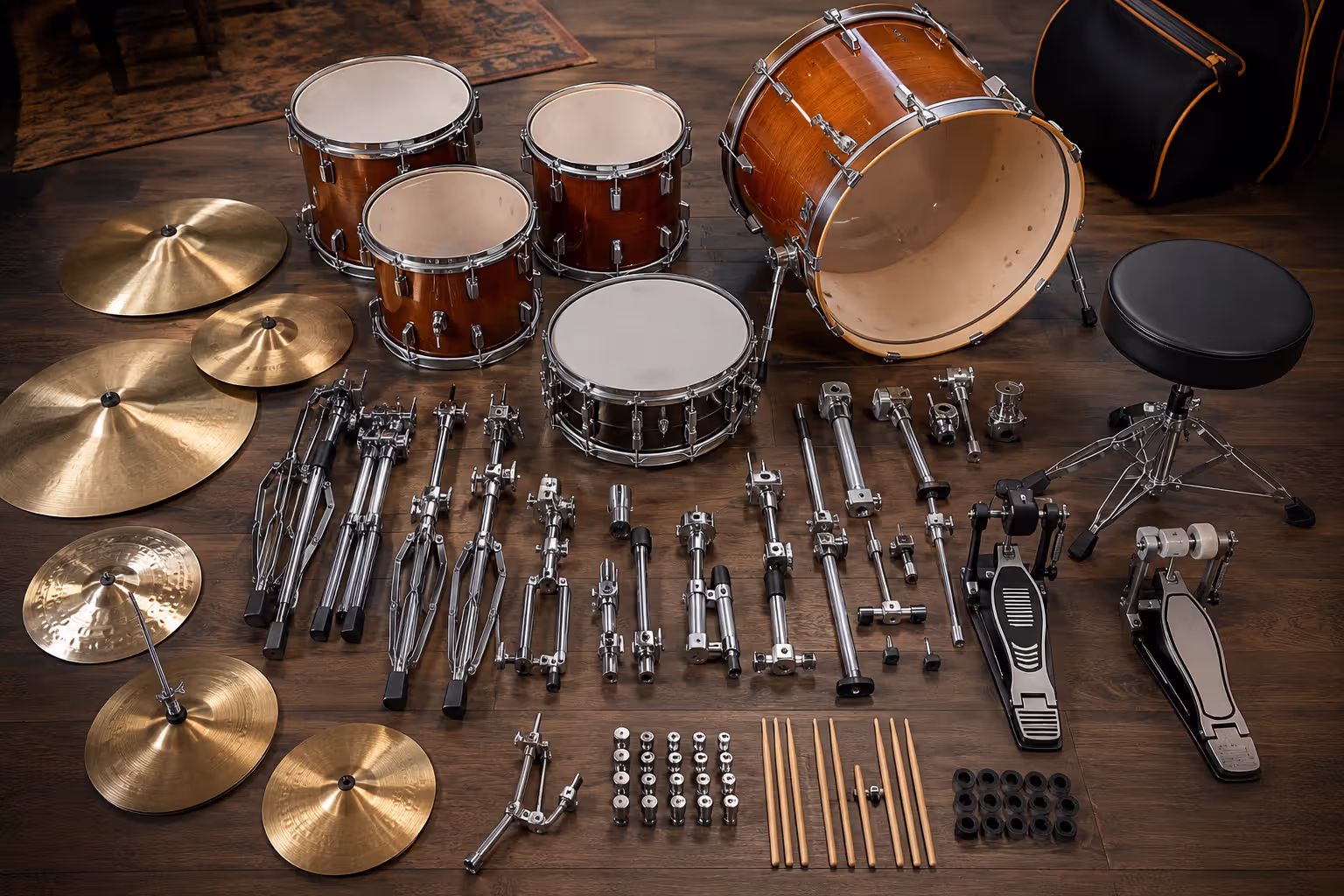 Drum kit components laid out and organized before assembly