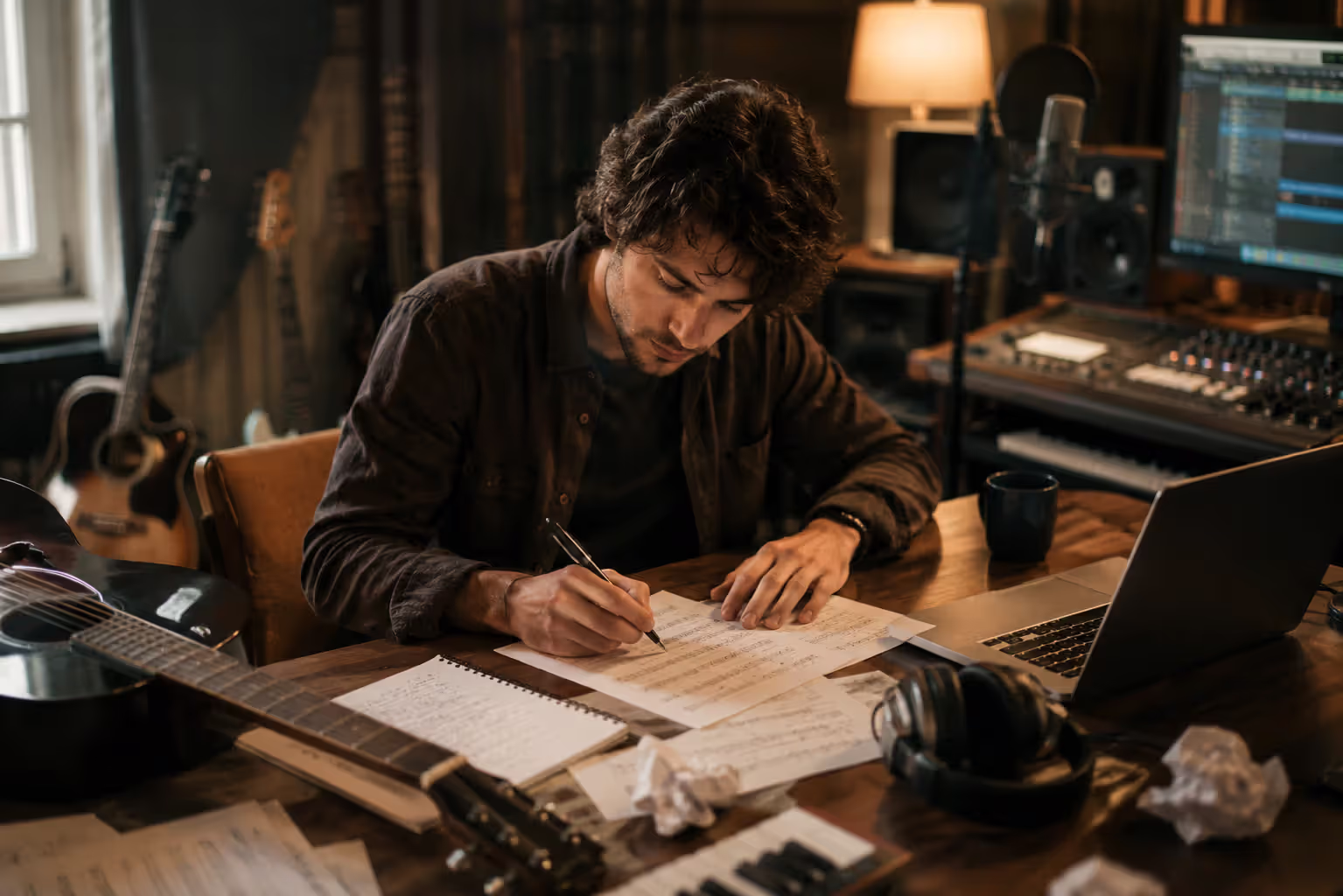 Songwriter preparing and arranging songs for album recording