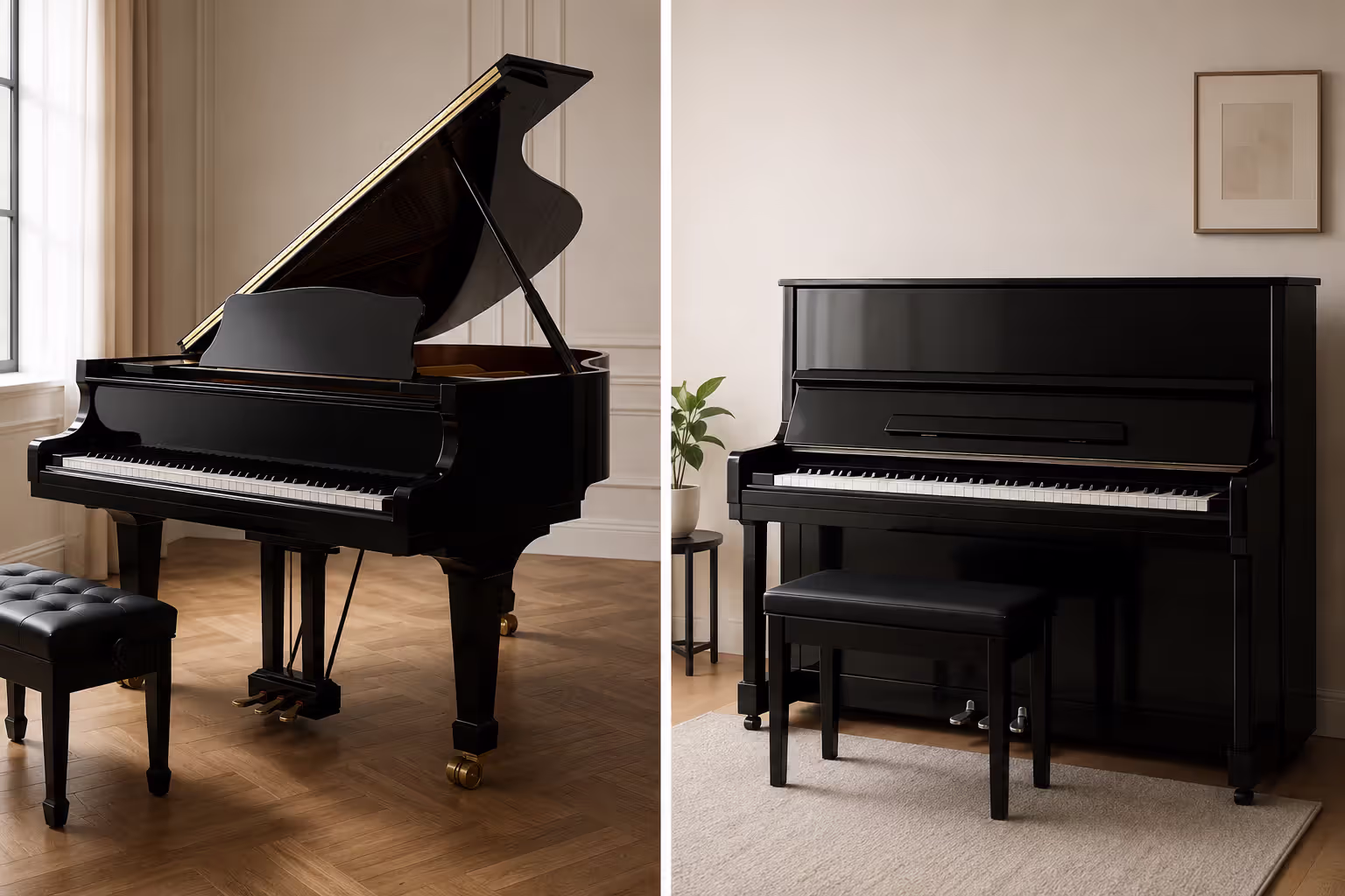 Grand piano versus upright piano design comparison