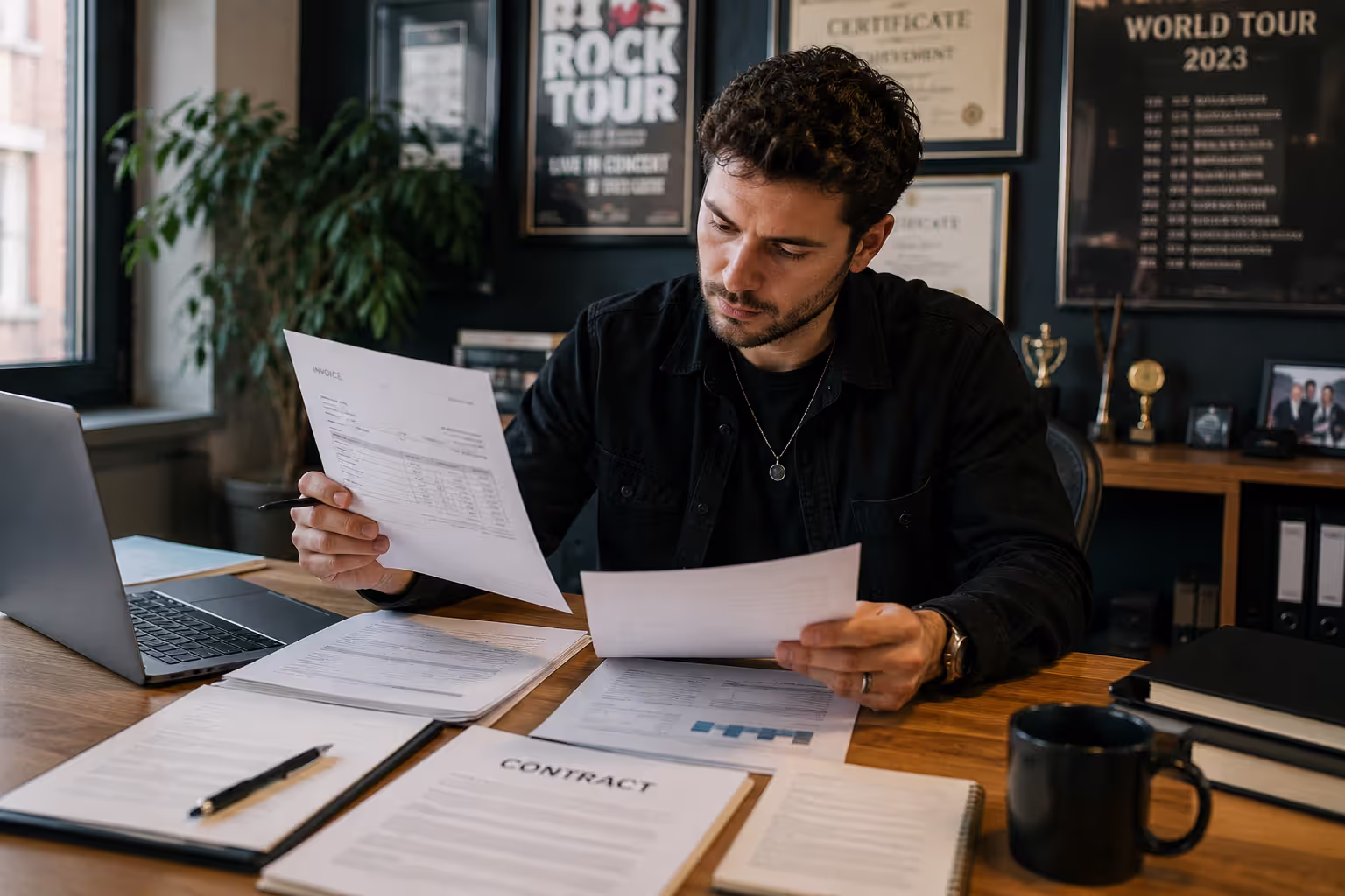 Music manager reviewing financial documents and contracts