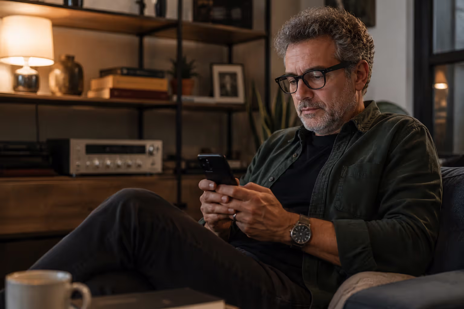 Middle-aged man browsing music playlists on a smartphone at home.